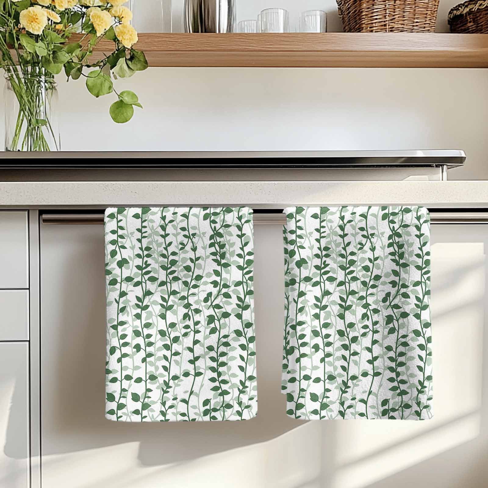 Green Ivy Leaves Kitchen Towels Set of 2, Spring Plants Botanical Modern Country Absorbent Dish Towels for Kitchen, Microfiber Hand Towel, Quick Drying Tea Towel for Cleaning Decorative Dishcloths