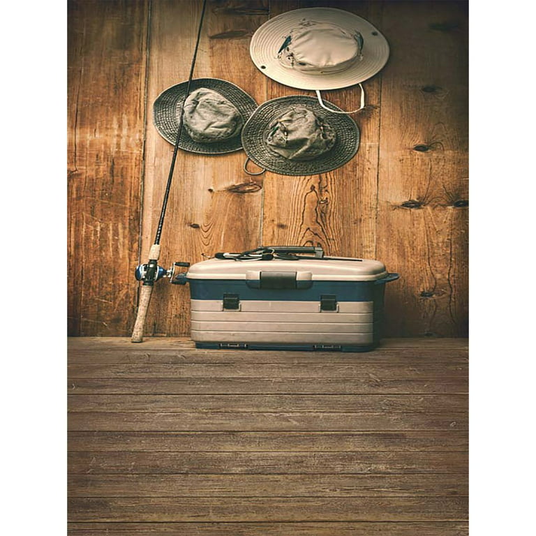 Greendecor Polyester Fabric 5x7ft Photography Backdrop Retro Fishing Gear Hat Box Wood Brown Baby Shower Children Background Photo Studio Photocall
