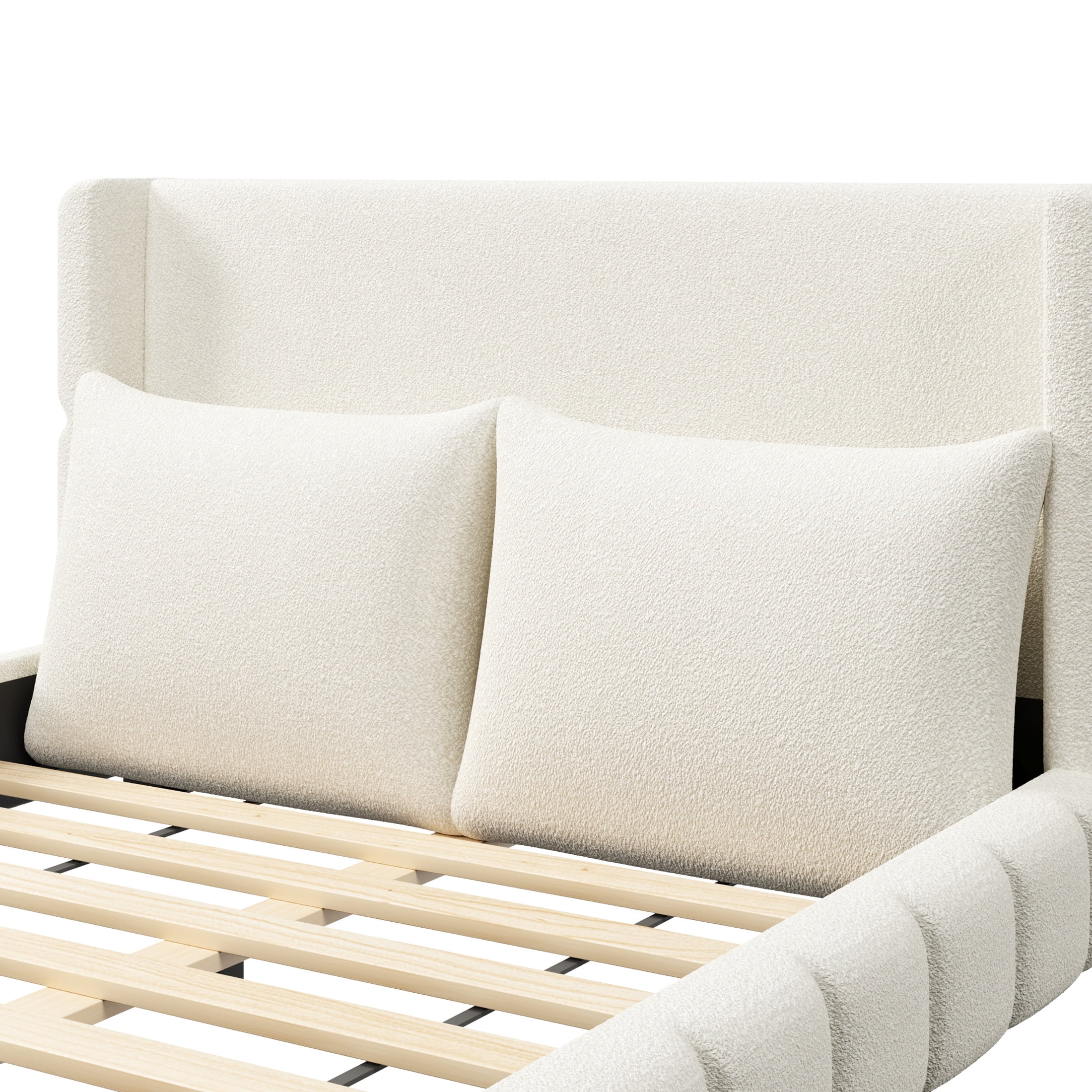 Noble House Rowena Queen Size Velvet Upholstered Platform Bed with Matching Pillows, Sturdy Wood Frame, White