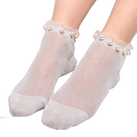 

LEAQU 1Pair Women Faux Pearl Glitter Transparent Low Cut Elastic Short Ankle Socks
