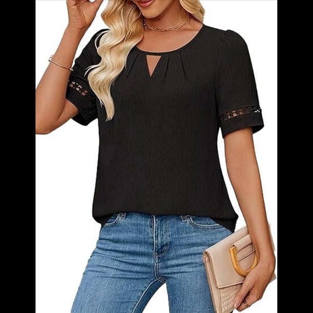 Camisa Elegante de Corta con Encaje y Mangas Huecas para Mujer, Color Liso, Negra, Talla S
