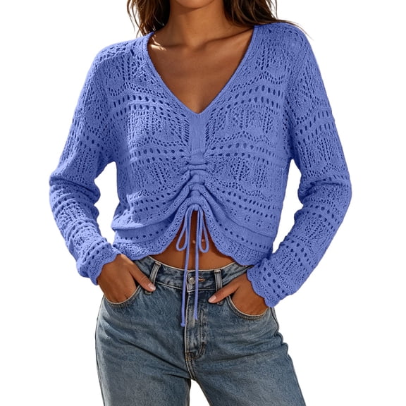 ZGRBOU Womens Boho Off Shoulder Sheer Tops Long Sleeve Crochet V Neck Pullover Shirts Drawstring Hem Swimsuit Cover Up