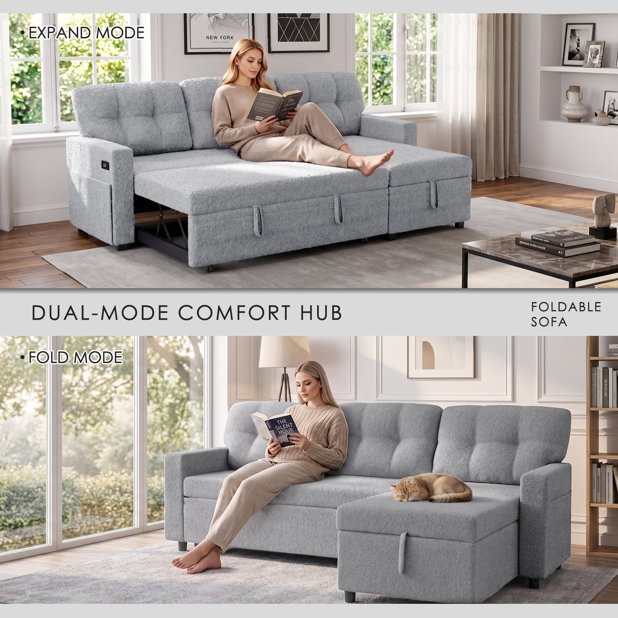 Xiweot Convertible Sleeper Sofa Bed, 82" L Shaped Sectional Couch with Pull Out Bed, Storage Chaise & Reversible Lounge, Teddy Fabric Compact Sectional Sofa for Living Room Apartment (Ligth Grey)