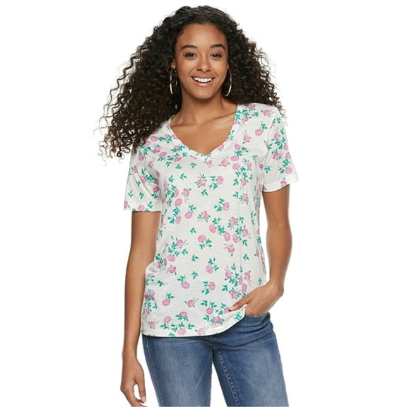 Mighty Fine Women's/Juniors Flower Print V-Neck T-shirt (XL)