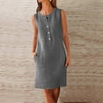 thumbnail image 2 of VBTAPA Cotton Linen Mini Dresses for Women Wear to Work Casual Summer Button Up Crewneck Sleeveless Tunic Dress Dark Gray M, 2 of 5