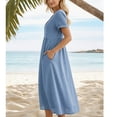 thumbnail image 3 of Vibrex Summer Dresses for Women Plus Size Women's V-Neck Solid-Color Casual Long-Sleeved Pocket Short Dress Vacation Sundress Light Blue_XL, 3 of 6