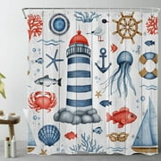 HVEST Nautical Theme Shower Curtain for Bathroom,Funny Marine Life and Lighthouse Sailboat on Grey Fabric Shower Curtain with Hooks,Country Vintage Bathroom Curtain Shower Set, 72x78 inches