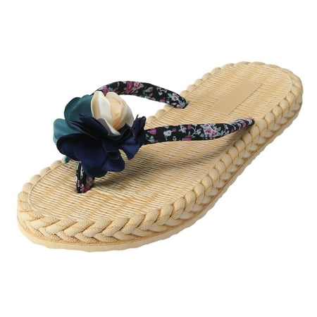 

Women Slippers Women Floral Thong Slippers Flat Floral Strap Thong Slippers Beach Flat Floral Slippers Blue 8