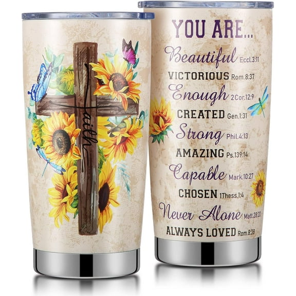 20 oz Stainless Steel Tumbler Christian Gift for Women Religious Inspirational Gifts Faith Vintage Cross Bible Vacuum Insulated Travel Coffee Mug for Women Friend Easter Birthday Gift (Sunflower)