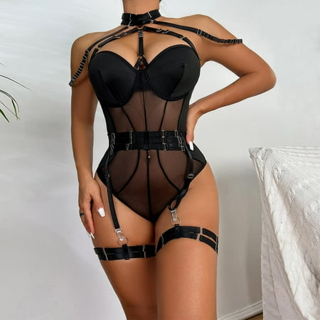 

Simplmasygenix Women s Lingerie Lace Sexy Clearance Women s Erotic Siamese Lingerie 2-Piece Set Of Mesh Splicing Straps With Steel Rings With Garter Belt Sexy Set