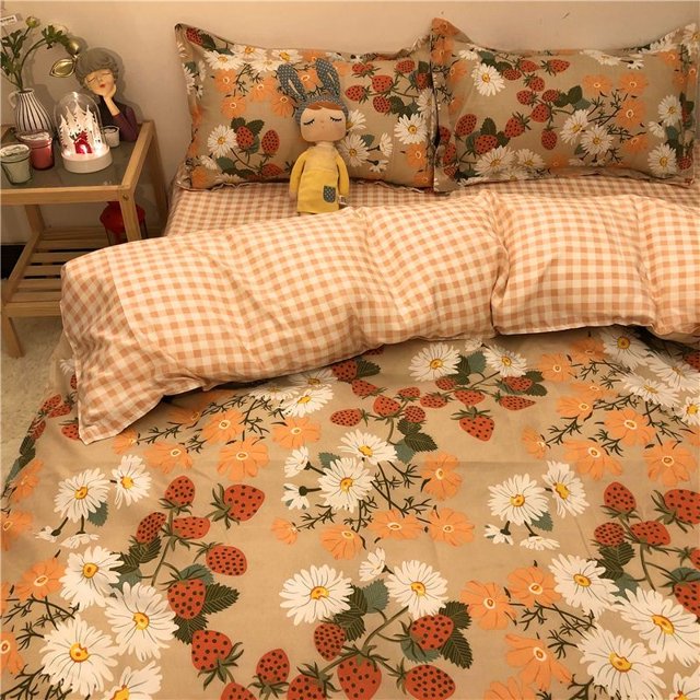 Korean Ins Black Flower Bedding Set Girl Orange Princess Style Sheet Cover Trellis Polyester Soft Bedclothes For Gitls Gift