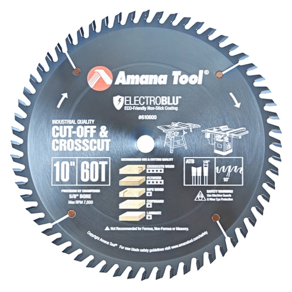 Amana Tool 610600C Electro-Blu Carbide Tipped Cut-Off and Crosscut 10 Inch D x 60T ATB 10 Deg 5/8 Bore Non-Stick Coated Circular Saw Blade