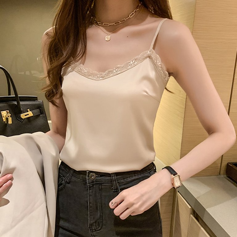 PIKADINGNIS Summer with Lace Silk Cami for Women Spaghetti Strap Top Tank  Ladies Tops White Camisole Basic Tops Black White Beige 