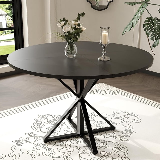 Bingirl 47 - Inch Round Dining Table for 4: Storage and Black Oak Metal Square Legs