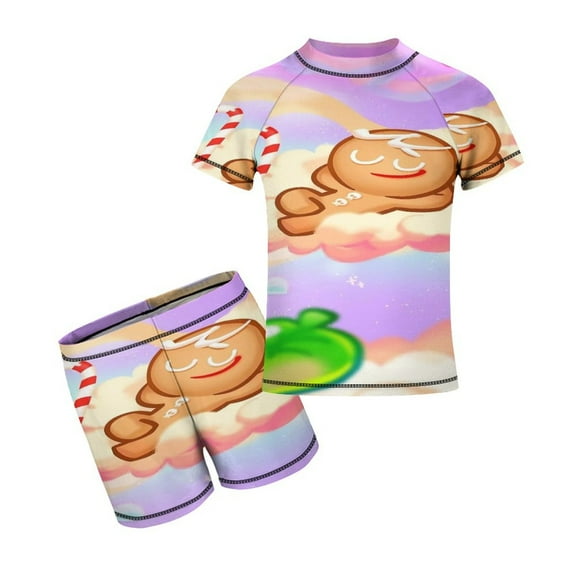2PCS Boys Cookie Run Kingdom Rash Guard Swimsuit Short Sleeve Swimwear Sets Beach Bathing Suit for Kids