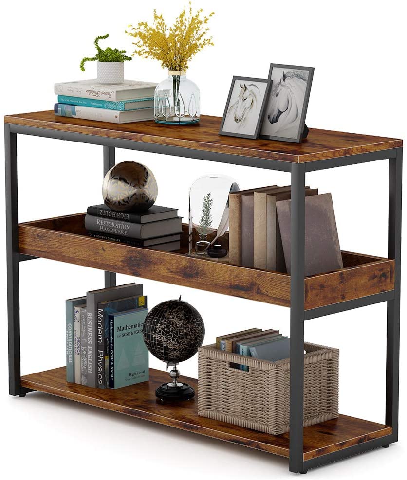 Industrial Foyer Table for Living Room Steel Frame Entry Way Brown BTM Console Table,3-Tier Console Sofa Table Industrial Foyer Table for Living Room Steel Frame Entry Way Brown BTM Console Table,3-Tier Console Sofa Table