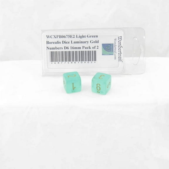Light Green Borealis Dice Luminary with Gold Numbers D6 Aprox 16mm (5/8in) Pack of 2 Wondertrail