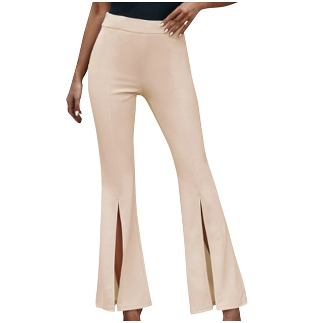 Flare Pants for Women Casual Solid Color High Waisted Bell Bottom Work Trouser with Slit Beige