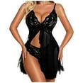 thumbnail image 2 of Lilgiuy Women Mesh Pajamas Lace V-Neck Chemise Ruffle Nightgown Temptation Babydoll Underwear Sleepwear Nightdress +Panties (Black ,L) Fall for 2022 Spring Winter, 2 of 5