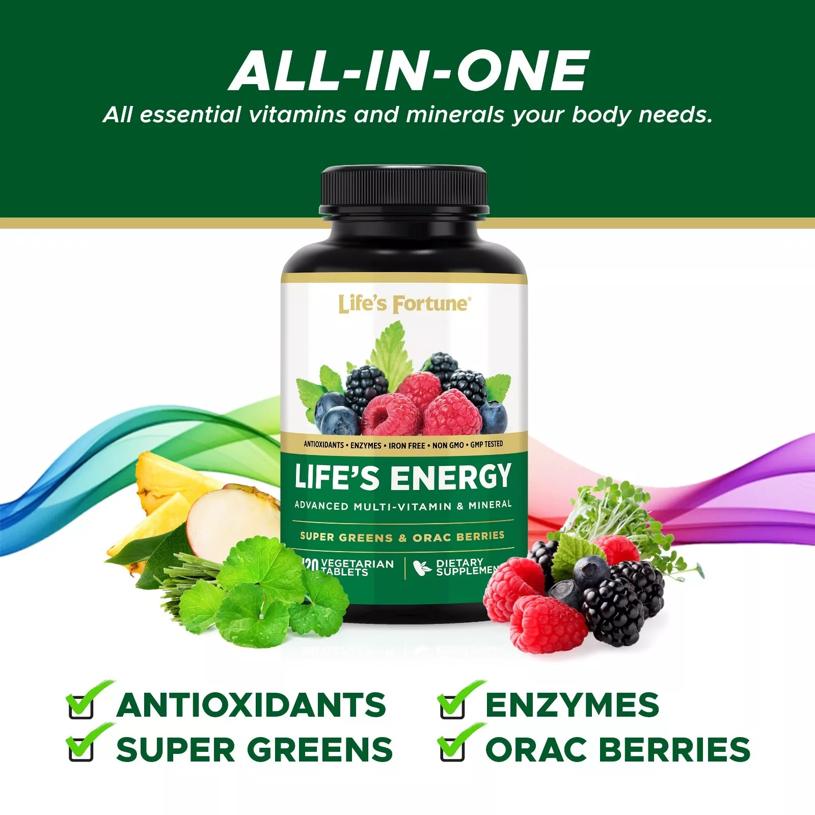 Life's Fortune Life's Energy Advanced Multi-Vitamin and Mineral Non-GMO - Super Greens - ORAC Berries - Antioxidants - Enzymes - Iron Free - GMP Tested, 120 Veggie Tablets