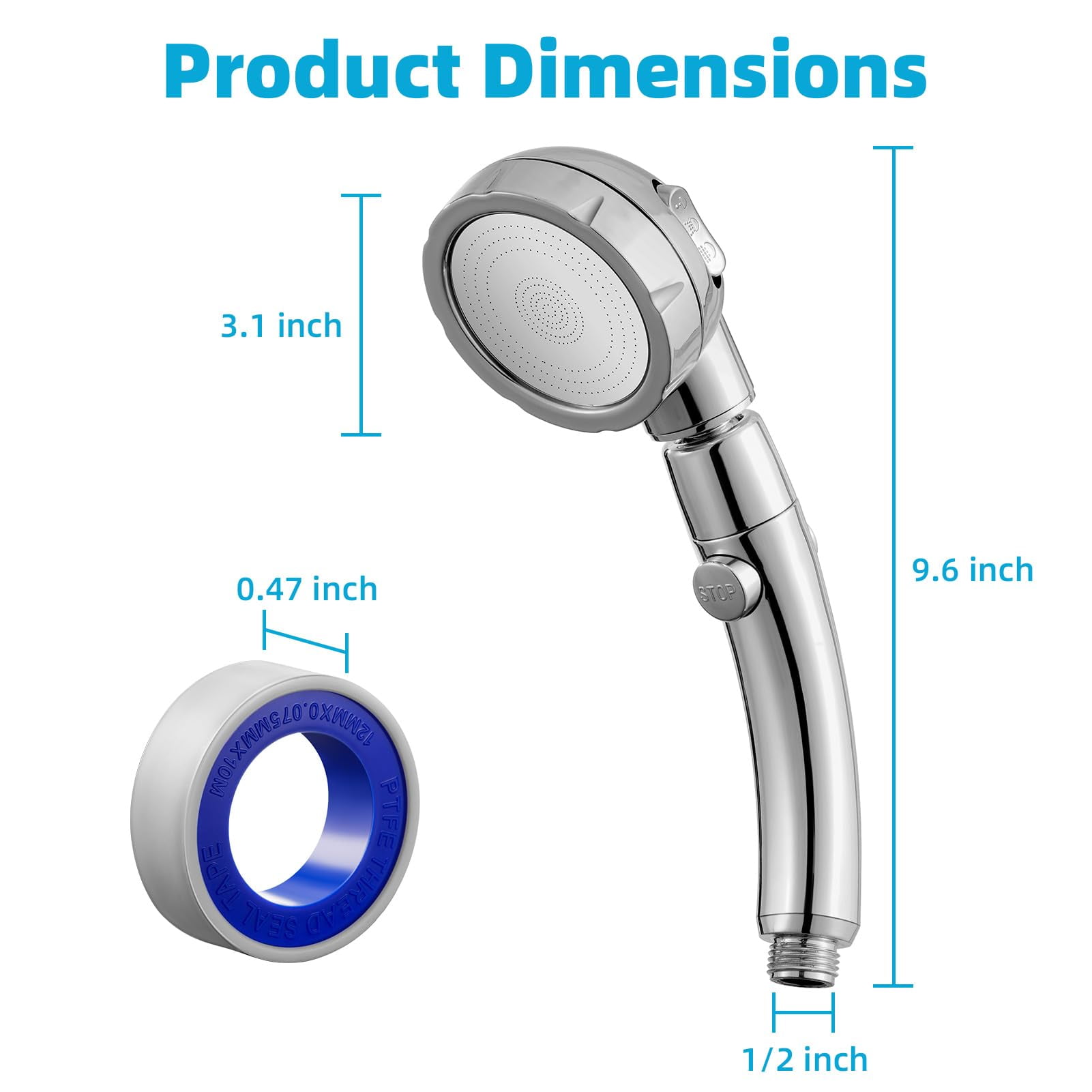 High Pressure Shower Head, 3-Settings Handheld Showerhead with ON/Off Full Shutoff Push Button and Switch to Control Flow, Angle-Adjustable Water Saving Body Sprays