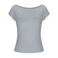 thumbnail image 5 of Xdegoge T-Shirt for Women Boat Neck Short Sleeve Casual Daily Wear Slim Fit Ribbed Knit Fabric Stretchy Cropped Length Basic Solid Minimalist Soft Summer Jersey Tops, 5 of 7