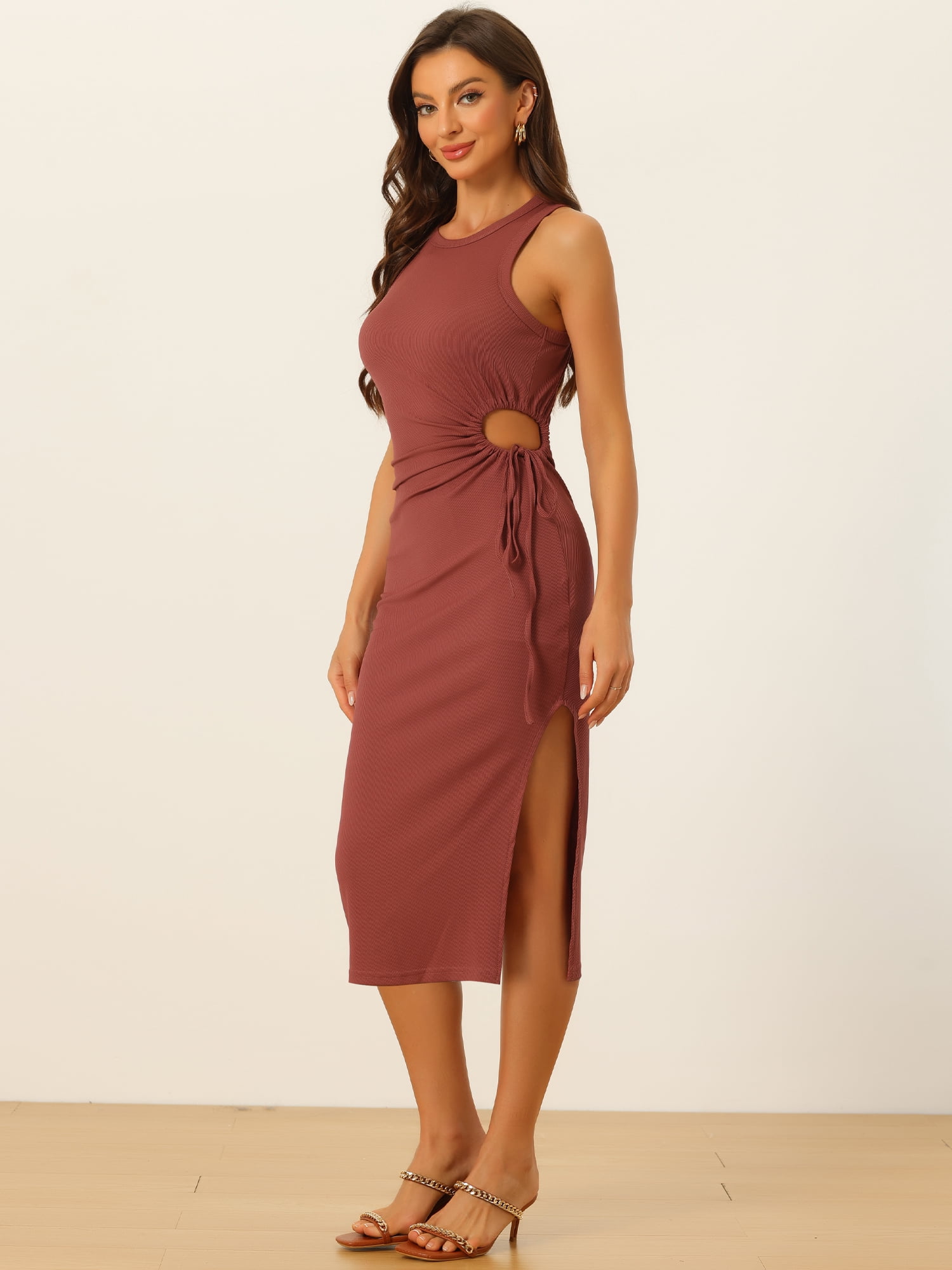 DARING DIVA Ribbed Knit Cut Out Waist Side Slit Tank Dress L Brick Red