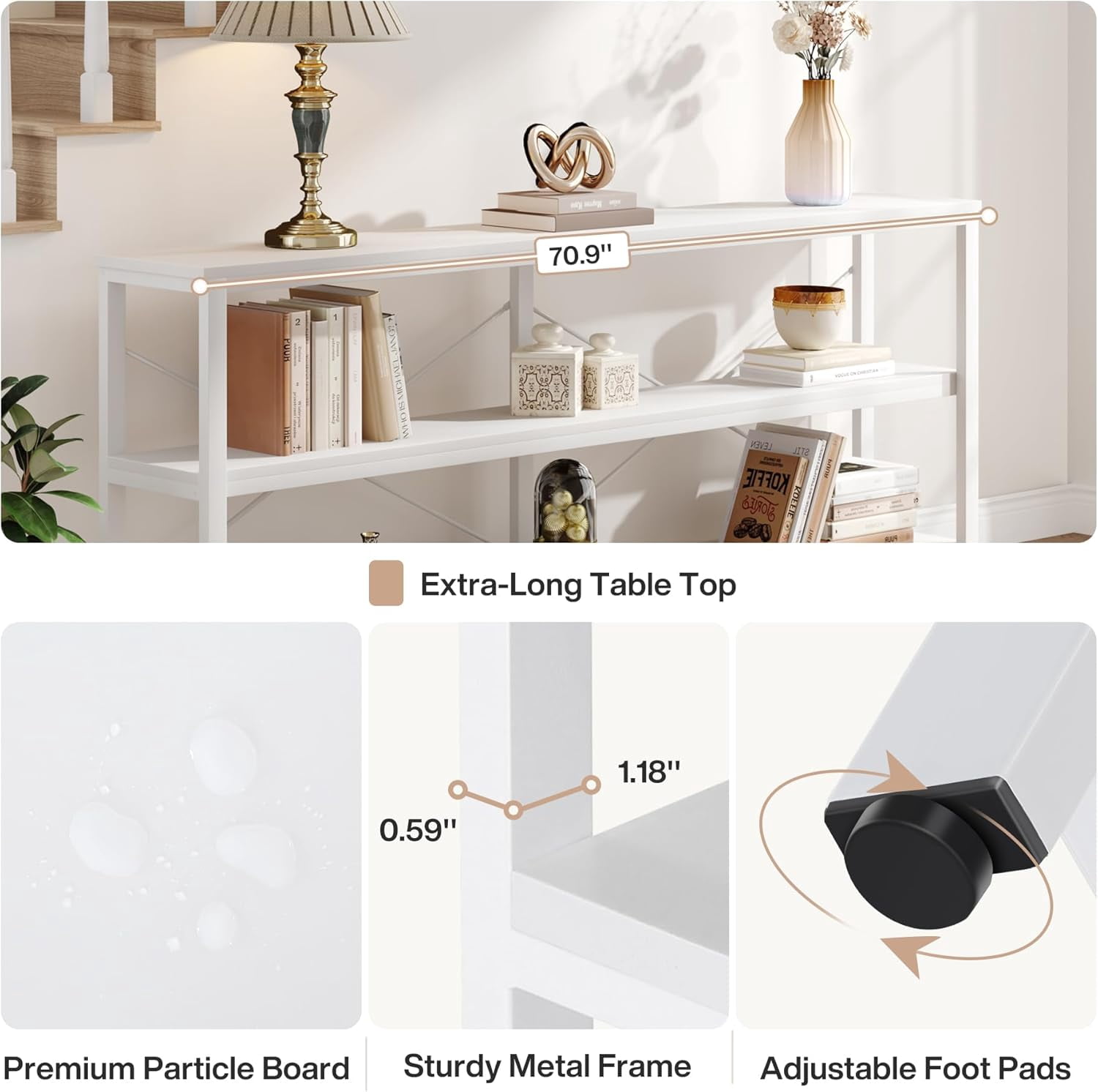 Tribesigns 70.9-Inch Console Table, 3-Tier Industrial Sofa Table with Metal Frame, Couch Table with Storage Shelves for Living Room Entryway Hallway Foyer (White)