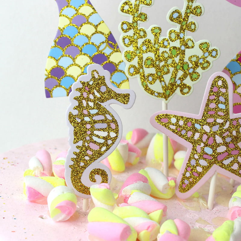 5pcs/set cute mermaid tail starfish coral seahorse cake toppers party suppliesHA