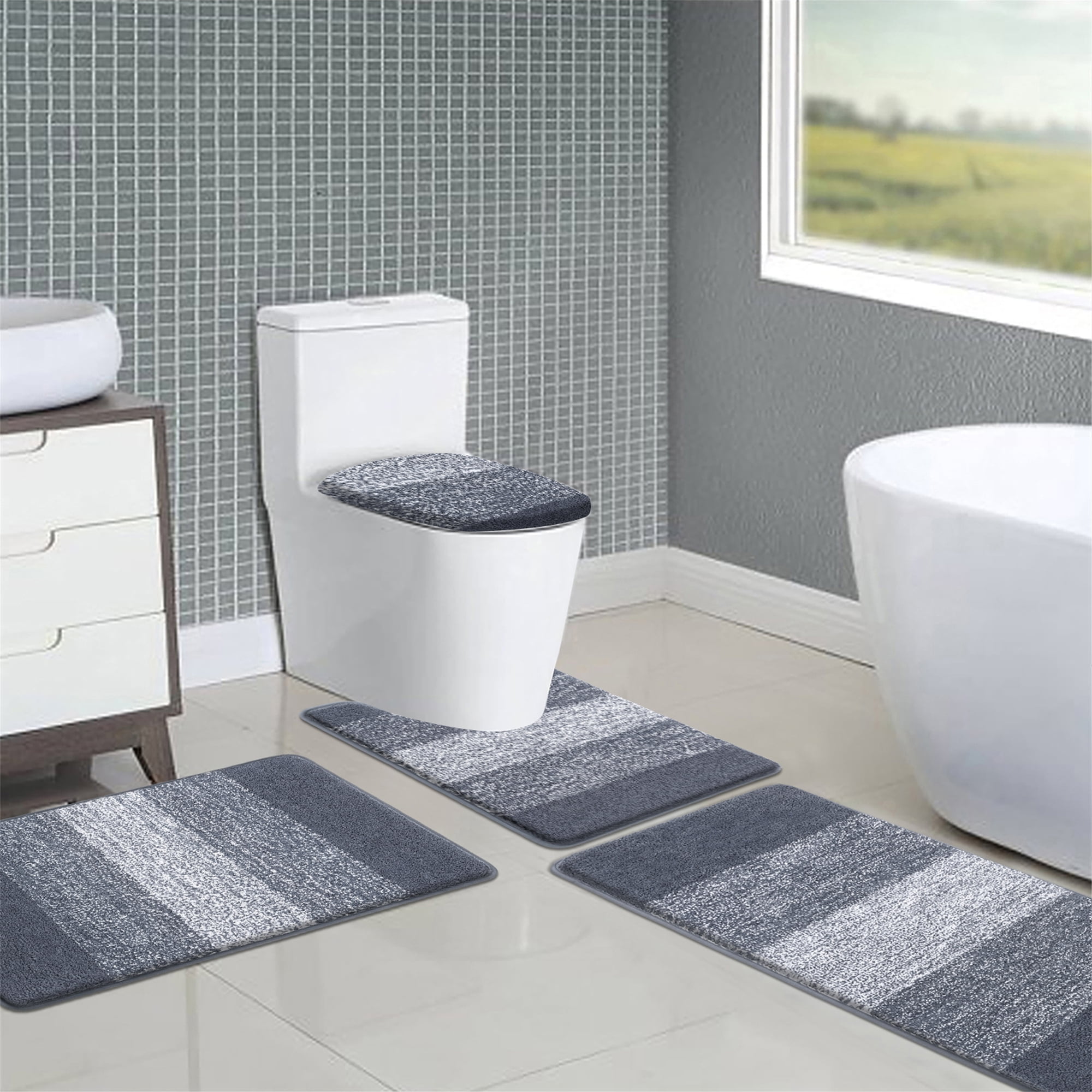 Ileading Traditional 4 Piece Microfiber Washable Bathroom Rug Set, Grey