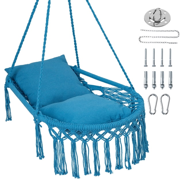 Costway Macrame Swing Chair with 2 Removable Cushions, Enduring Polyester Cotton Ropes Blue