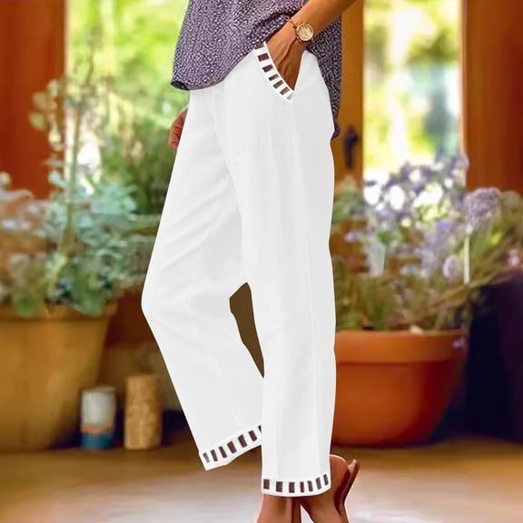 Yotami Summer Pants for Women Solid Color High Waisted Soft Linen Blend Trousers with Pocket Straight Leg Ankle Length Pant for Everyday, White L