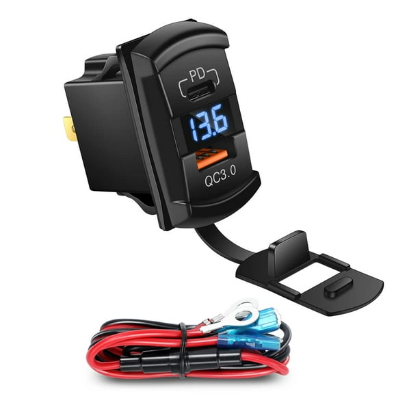 USB Rocker Switch USB C Charger Socket with Waterproof Cover Dual PD and QC3.0 12V/24V Blue Led Voltmeter for Rocker Type Marine Switch Panel On Marine Rv Vehicles…