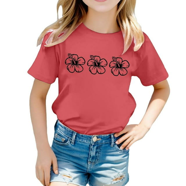 JTieacloth Chemise Décontractée à Manches Courtes et Col Rond Imprimée pour Filles, T-Shirt Décontracté Mignon pour Filles, Tailles 6-7 Ans