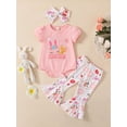 thumbnail image 3 of Genuiskids 3Pcs Newborn Baby Girls Easter Outfits 3 6 12 18 Months Infant Summer Clothes Set Pink Short Sleeve Letter Print Romper T-shirt Tops Bunny Print Flared Pants Headband 0-18M, 3 of 10