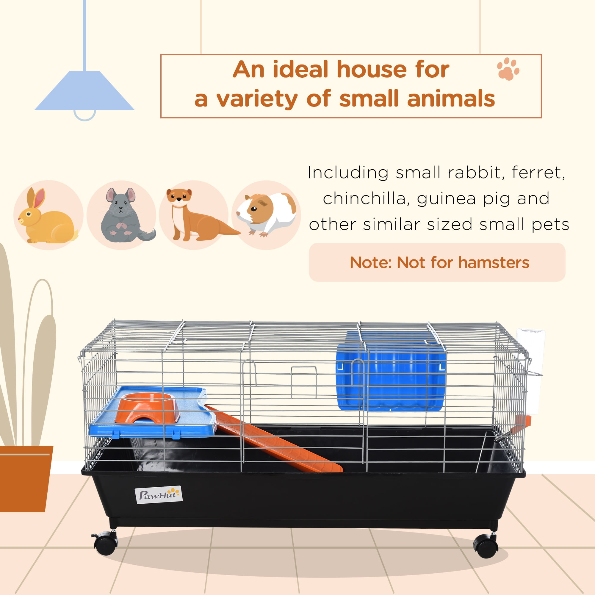 PawHut 35" Small Animal Cage with Wheels, Ramp, Water, Food Dish, Black