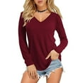 thumbnail image 2 of Holzkary Women's Long Sleeve Shirts V Neck Basic Tee Tops Loose Fit Fall Outfits for Women Loose Blouse Fashion Top Casual V-Neck Long Women Color Sleeve Solid Lady Women's Blouse Wine Xxl, 2 of 4