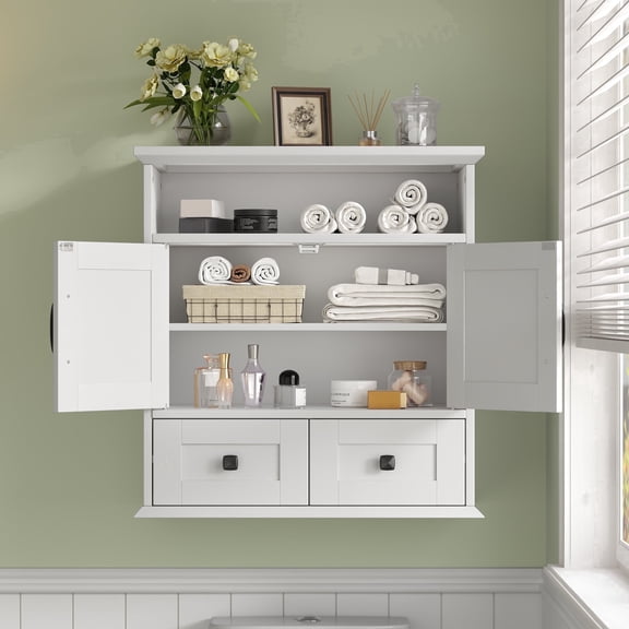 NEGYLIM Wall Mounted Bathroom Cabinet, Barn Door Storage Cabinet with 2 Drawers & Adjustable Shelf, White