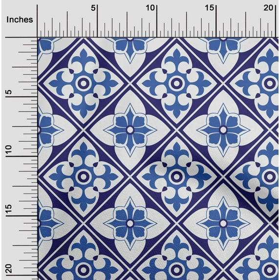 oneOone Cotton Silk Medium Blue Fabric Floral & Tiles Moroccan Diy Clothing Quilting Fabric Print Fabric By Yard 42 Inch Wide