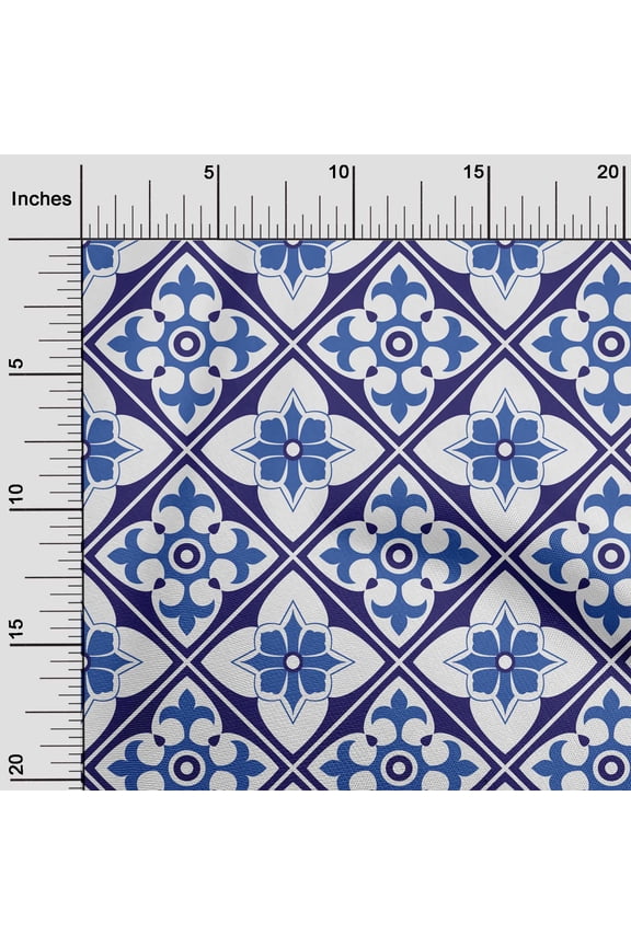 Cotton Jersey Medium Blue Fabric Floral & Tiles Moroccan Quilting Supplies Print Sewing Fabric By The Yard 58 Inch Wide