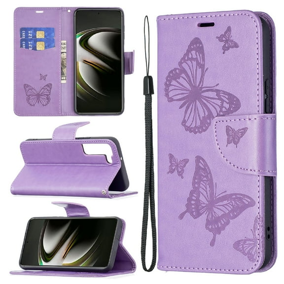 Dteck Butterfly Pattern Case for Samsung Galaxy S23,Magnetic Leather Card Wallet Case Shockproof Kickstand Cover with Wrist Strap for Galaxy S23,Violet