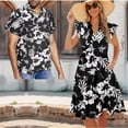 thumbnail image 2 of Garronmavis Black Hibiscus Couple Matching Outfit Men's Button Up Shirt Fashion Hawaiian Tops and Womens Short Sleeve Dress A-Line Elegant Summer Beach Dresses Size 4XL, 2 of 7