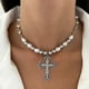 thumbnail image 4 of Punk Cross Pearl Necklace, Irregular Cool Cross Pendant Necklace Cross Choker Necklace Trendy Gothic Jewelry For Women Girls---Product code 38291, 4 of 4