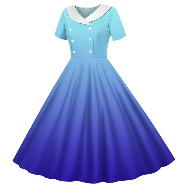 Zpanxa Robes d'Été pour Filles Imprimé Dégradé Manches Courtes Col Rabattu Taille Bouton Robe de Danse Polyester Spandex Bleu 11 Ans