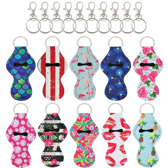 Wrapables 10 Pack Chapstick Holder Keychain with 10 Pieces Metal Clasps, Tropical Fun