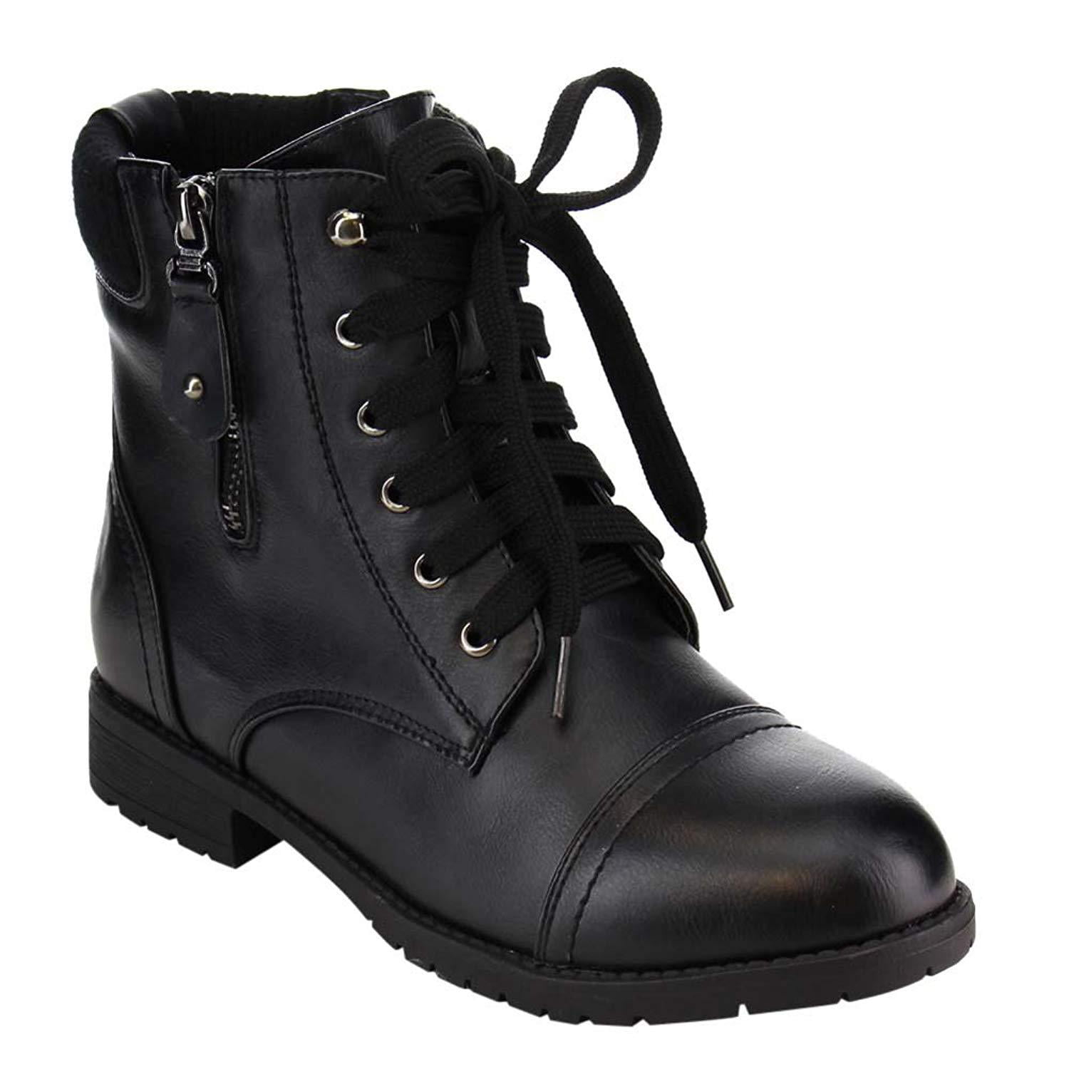 Lace up Military Style Combat Ankle Bootie Women's Boots Vegan Leather ...