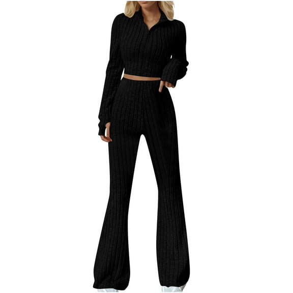 STETMN Women's Ribbed Knit Outfits Zip Lapel Neck Crop Sweater High Waist Wide Leg Pant Slim Sets