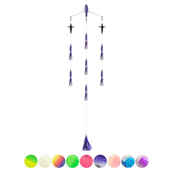 BLUEWING 18in Upgraded Fishing Spreader Bar Canyon with 6in Floating Squids, Trolling Birds, Big Game Trolling Lure and 316 Stainless Steel Rod for Wahoo Tuna Marlin Mahi Mahi, Black/Purple