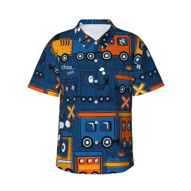Balery Funny Steam Train Camisas hawaianas de manga corta para hombre, camisas playeras de corte holgado, camisas de vacaciones con botones,XX-Large