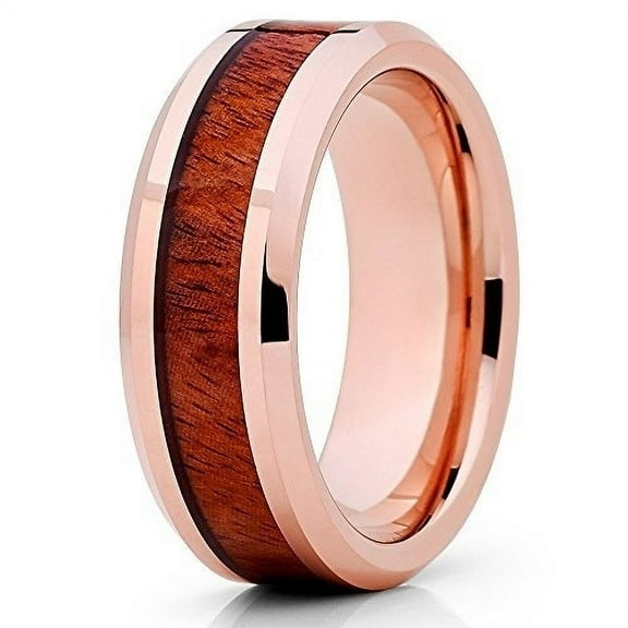 Silly Kings Jewelry 8mm Rose Gold Tungsten Ring Koa Wood Tungsten Rung Tungsten Wedding Band Beveled Comfort Fit (10)